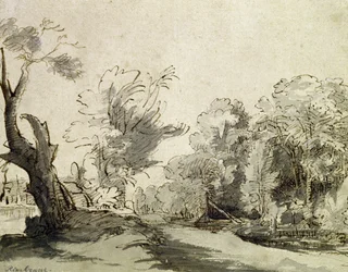 Landscape with a path, an almost dead tree on the left and a footbridge leading to a farm on the right
